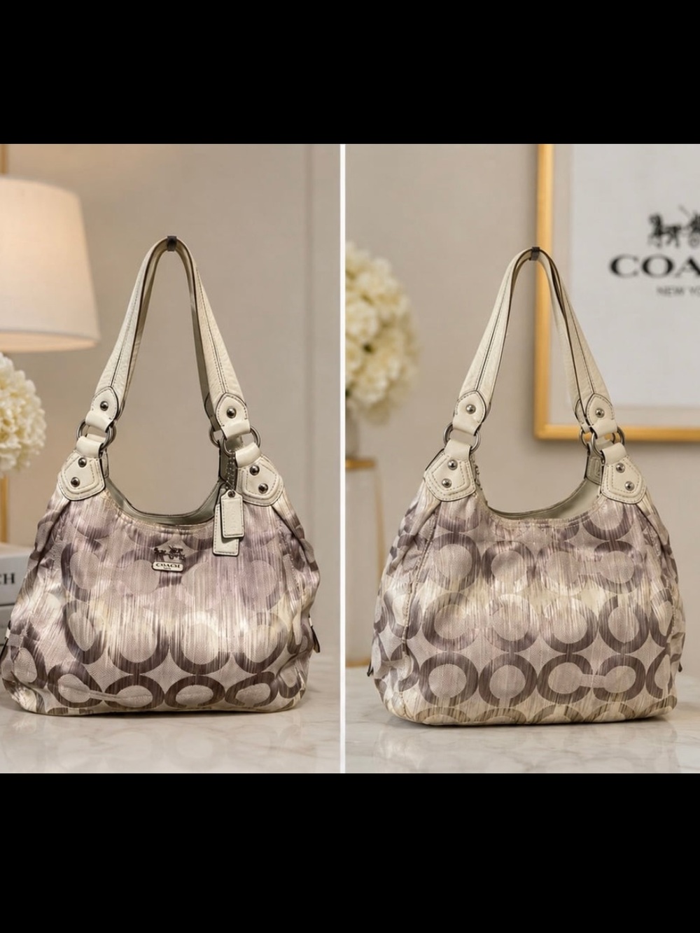 Coach Metallic Signature Hobo Bag White Leather Shoulder Purse Y2K